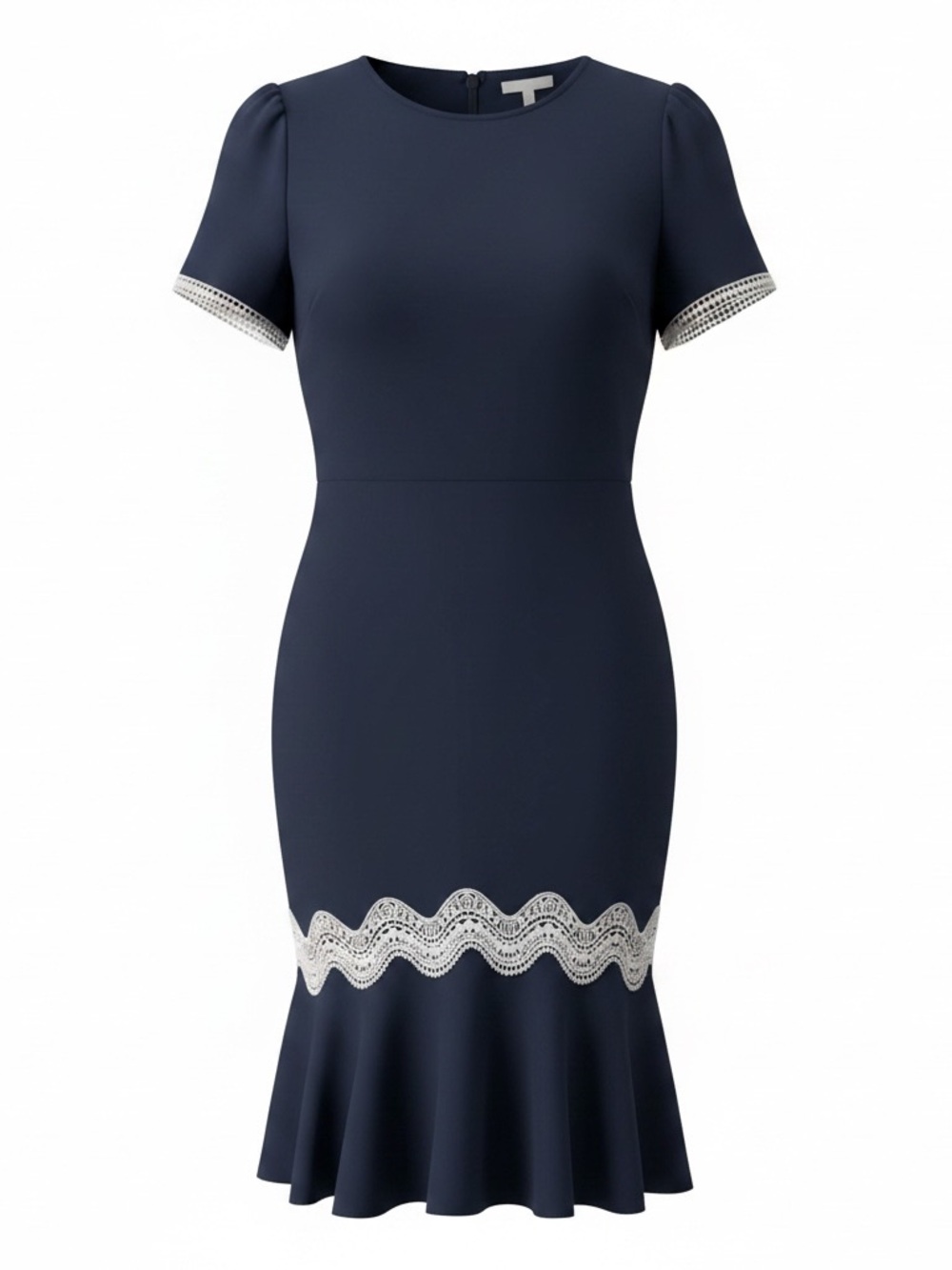 Shoshanna Navy Midi Dress with White Lace Trim